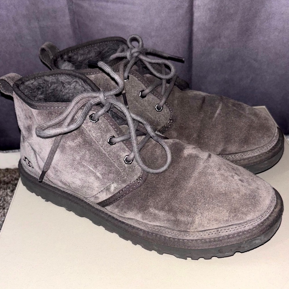 UGG Neumel Chukka Suede Boots Mens Size 11 Charcoal Grey Cozy Casual Sheepskin